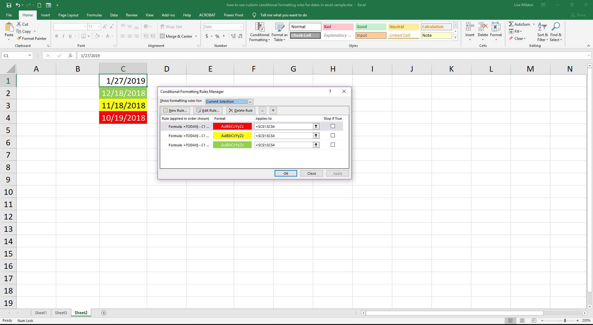 Vzorec data podmíněného formátování aplikace Excel