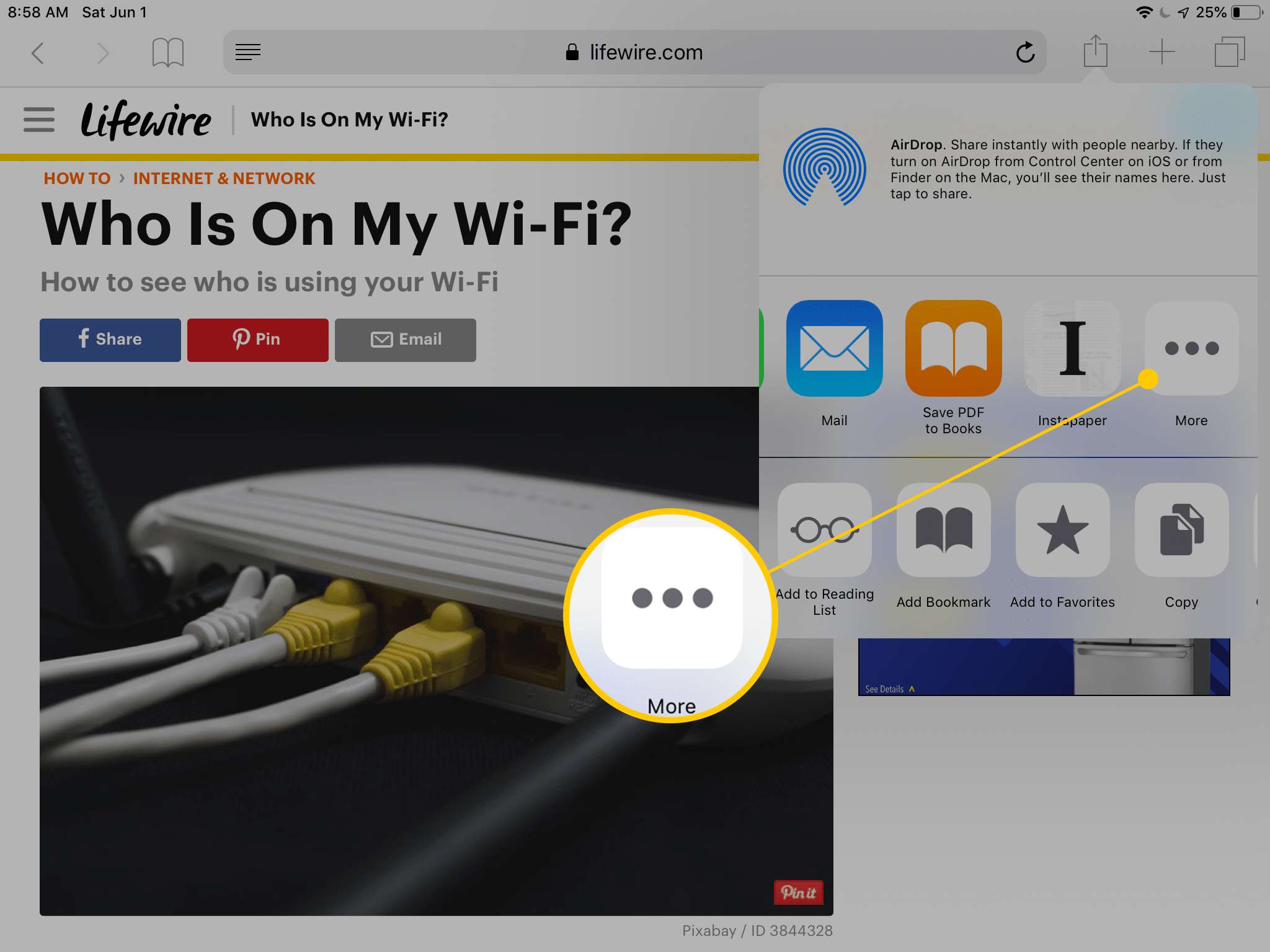 Tlačítko Více v sekci Widget v Safari na iPadu