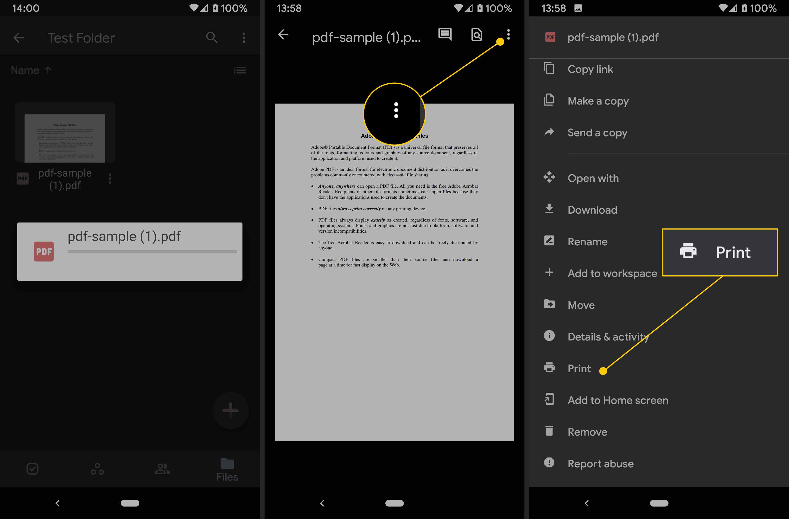 Tisk PDF, nabídka se třemi tečkami, tlačítko Tisk v systému Android