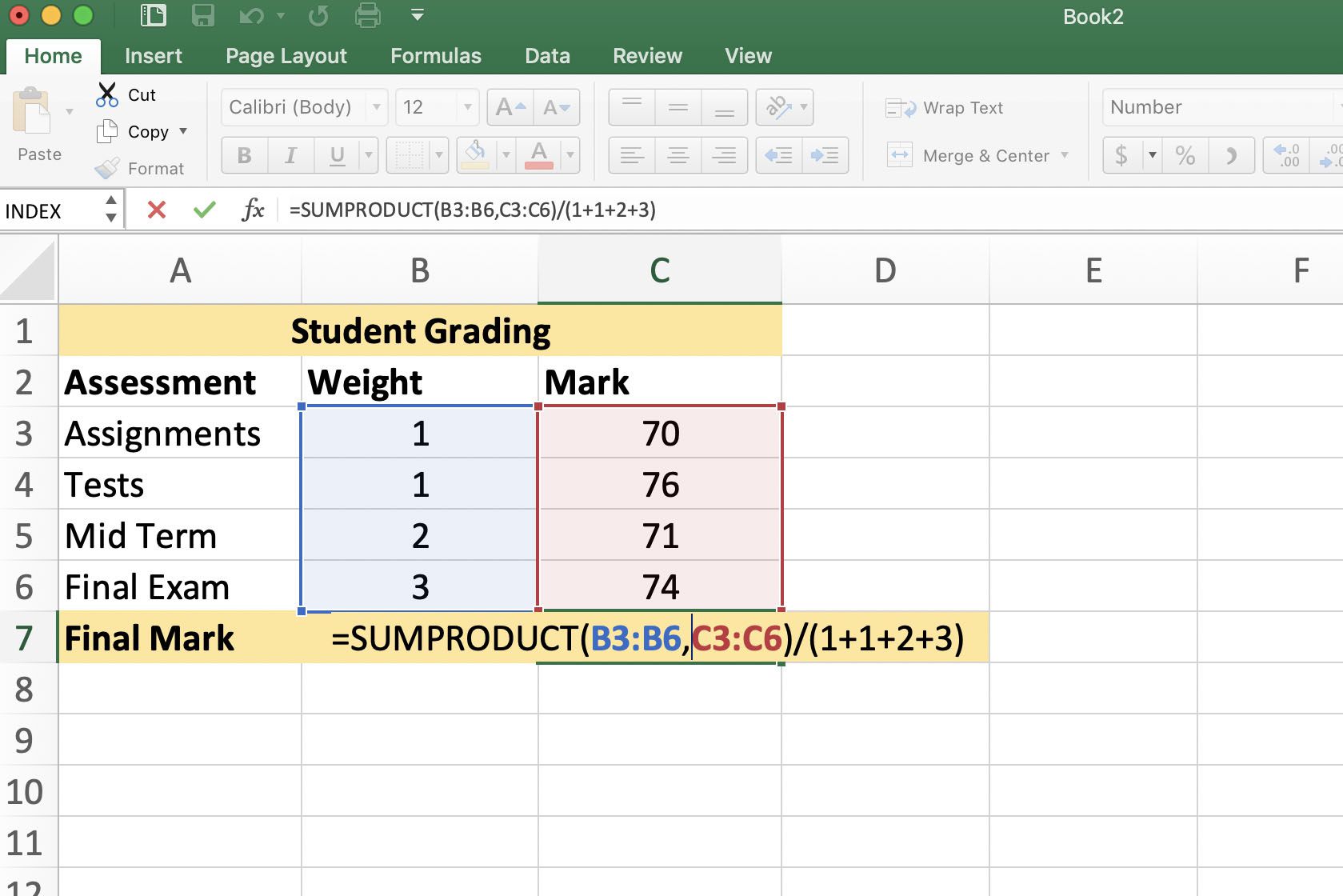 Excel zobrazující používaný vzorec SUMPRODUCT