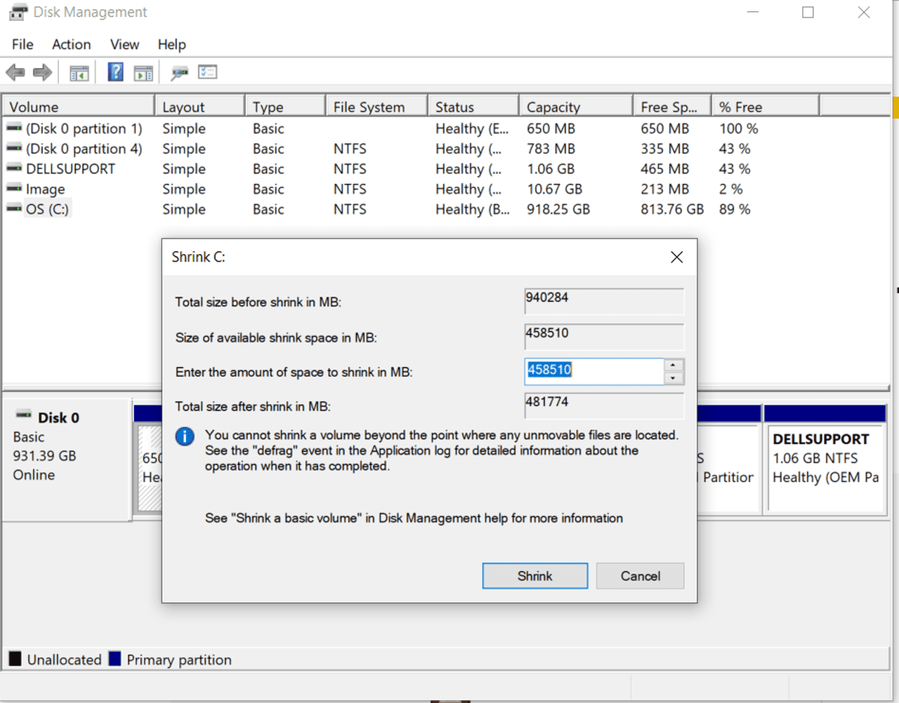 Zmenšení oddílu Windows v systému Windows