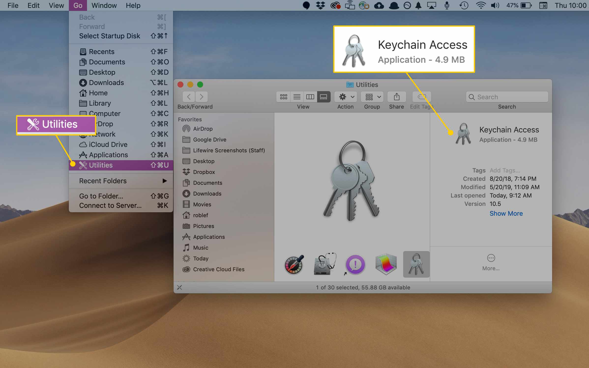 Nabídka Utilities a aplikace Keychain Access v macOS