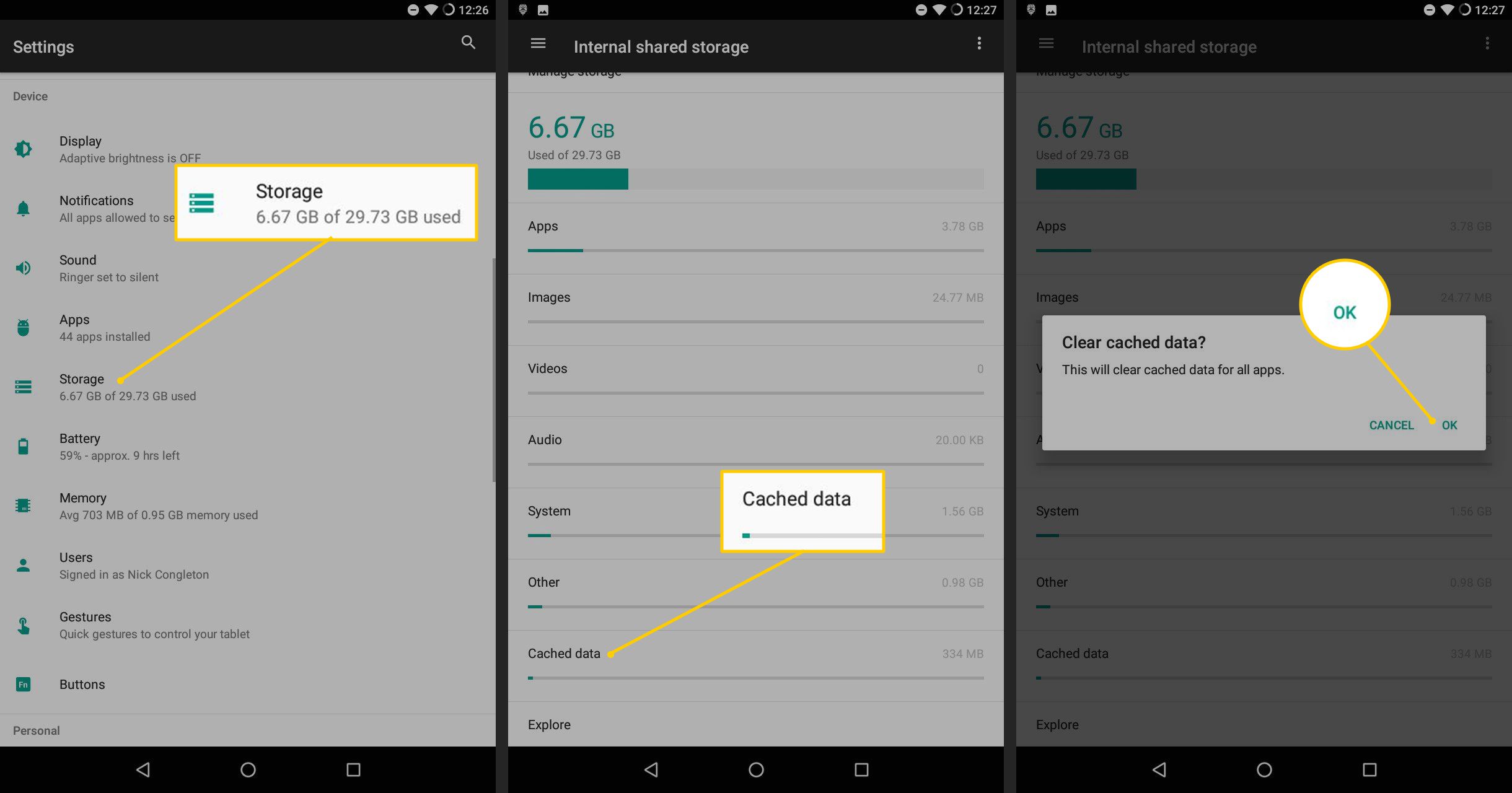Úložiště, data v mezipaměti a tlačítko OK v nastavení systému Android