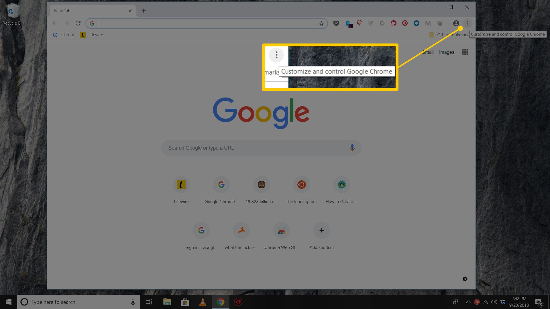 Snímek obrazovky webového prohlížeče Chrome s nabídkou tří teček v systému Windows 10