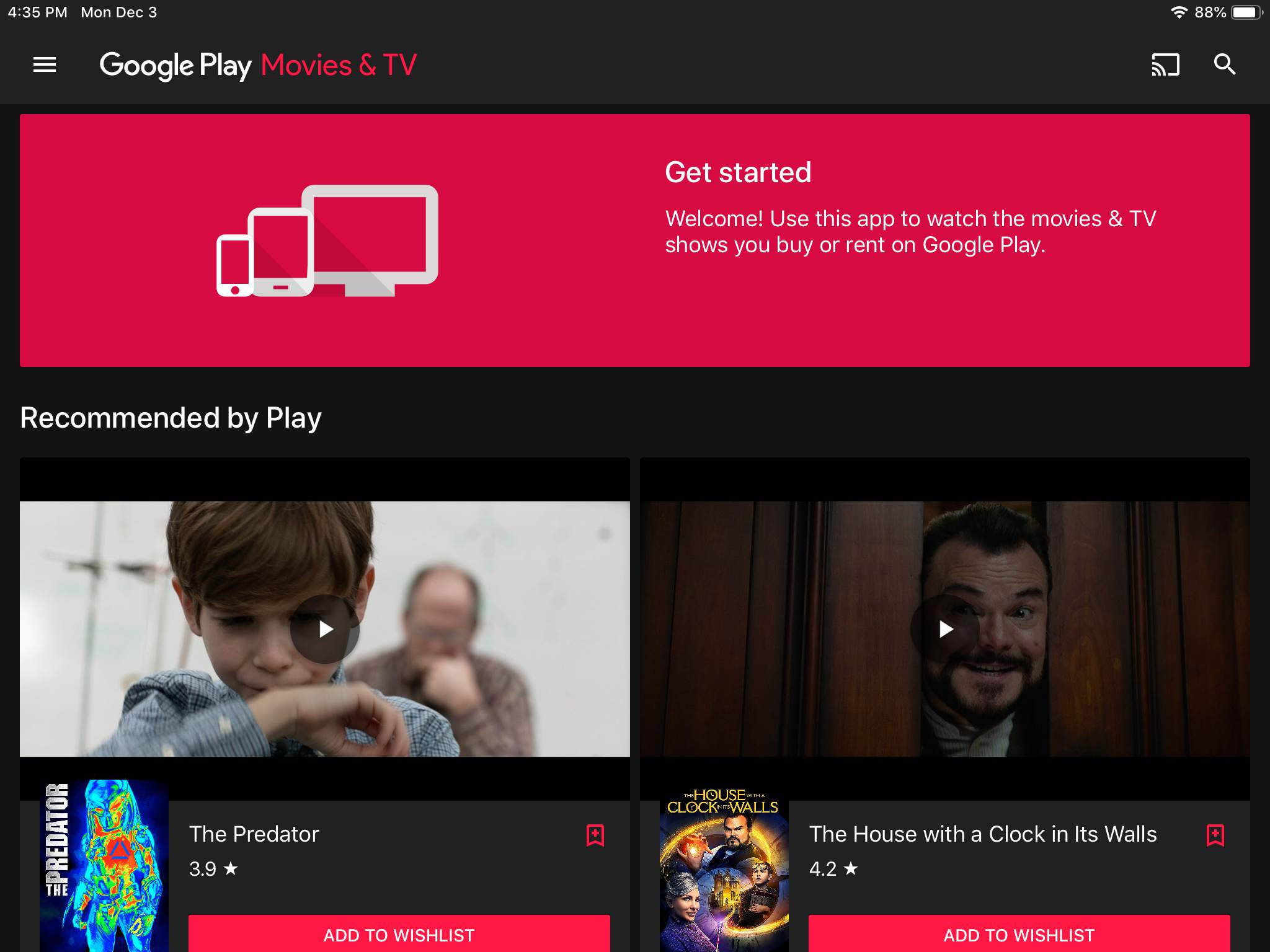 Aplikace Filmy a TV Google Play na iPadu
