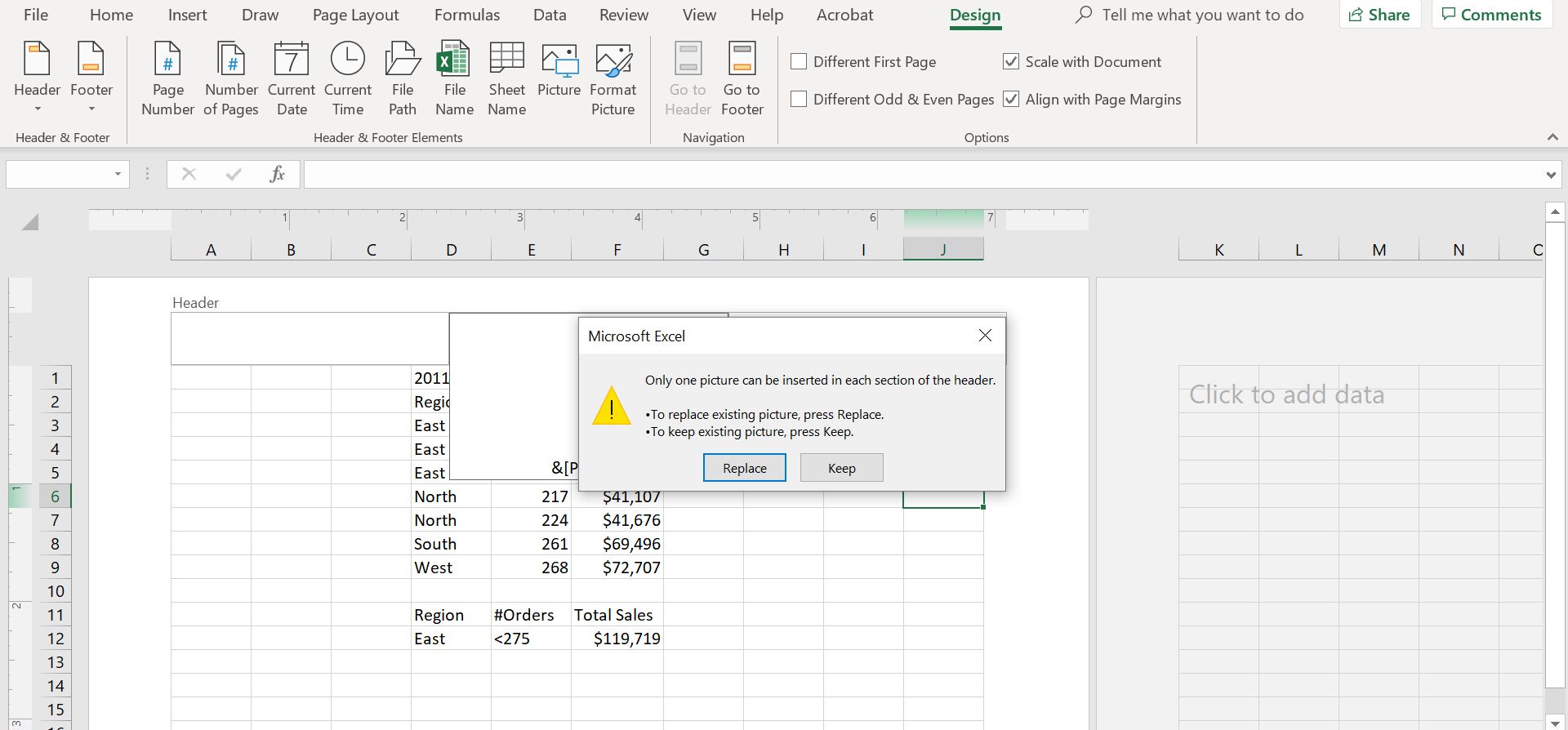 Dialogové okno aplikace Excel pro nahrazení obrázku záhlaví.