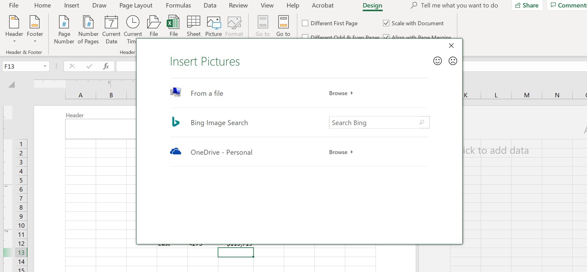 Dialogové okno Vložit obrázky v aplikaci Excel.