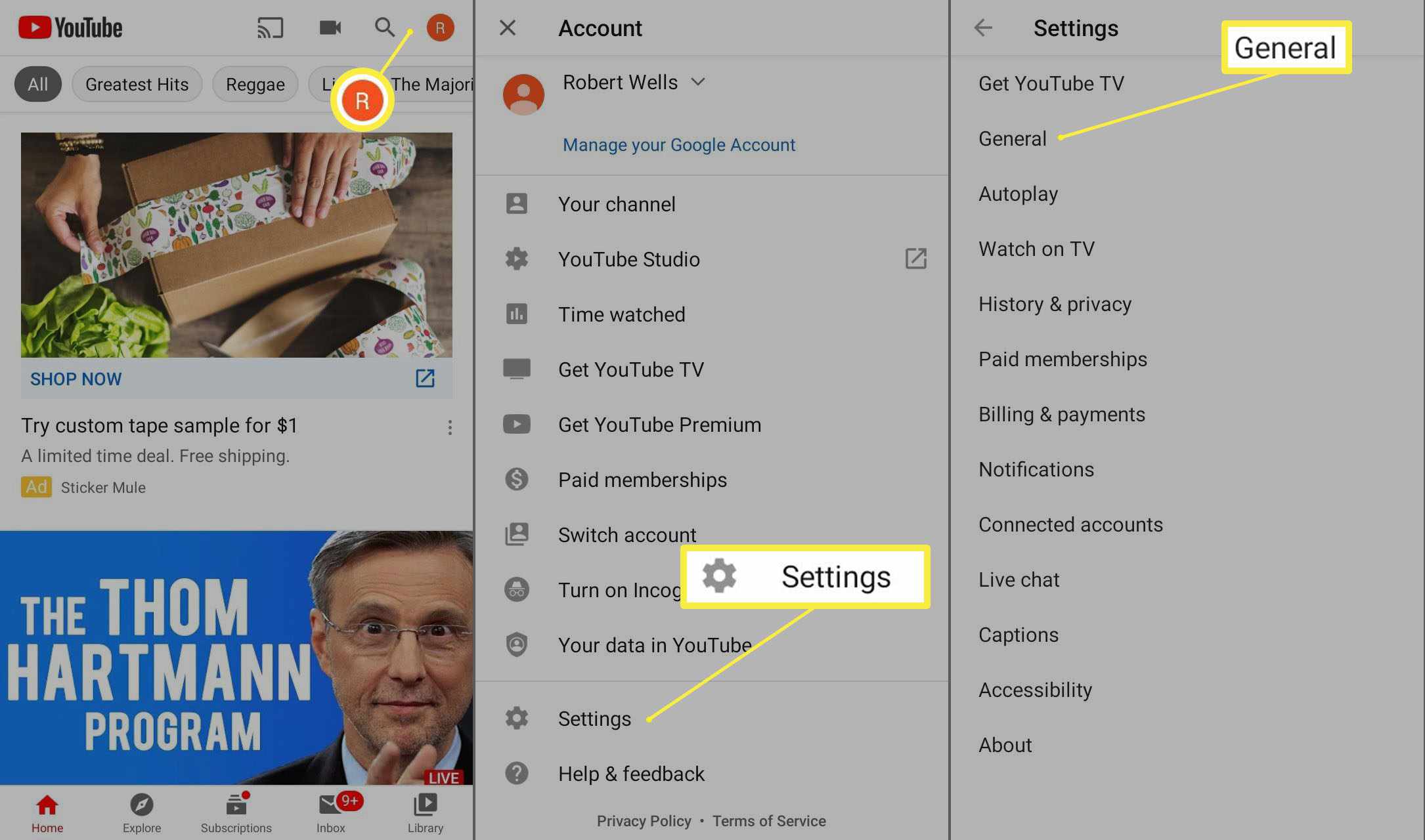 Profil, nastavení a obecné možnosti v aplikaci YouTube pro Android.