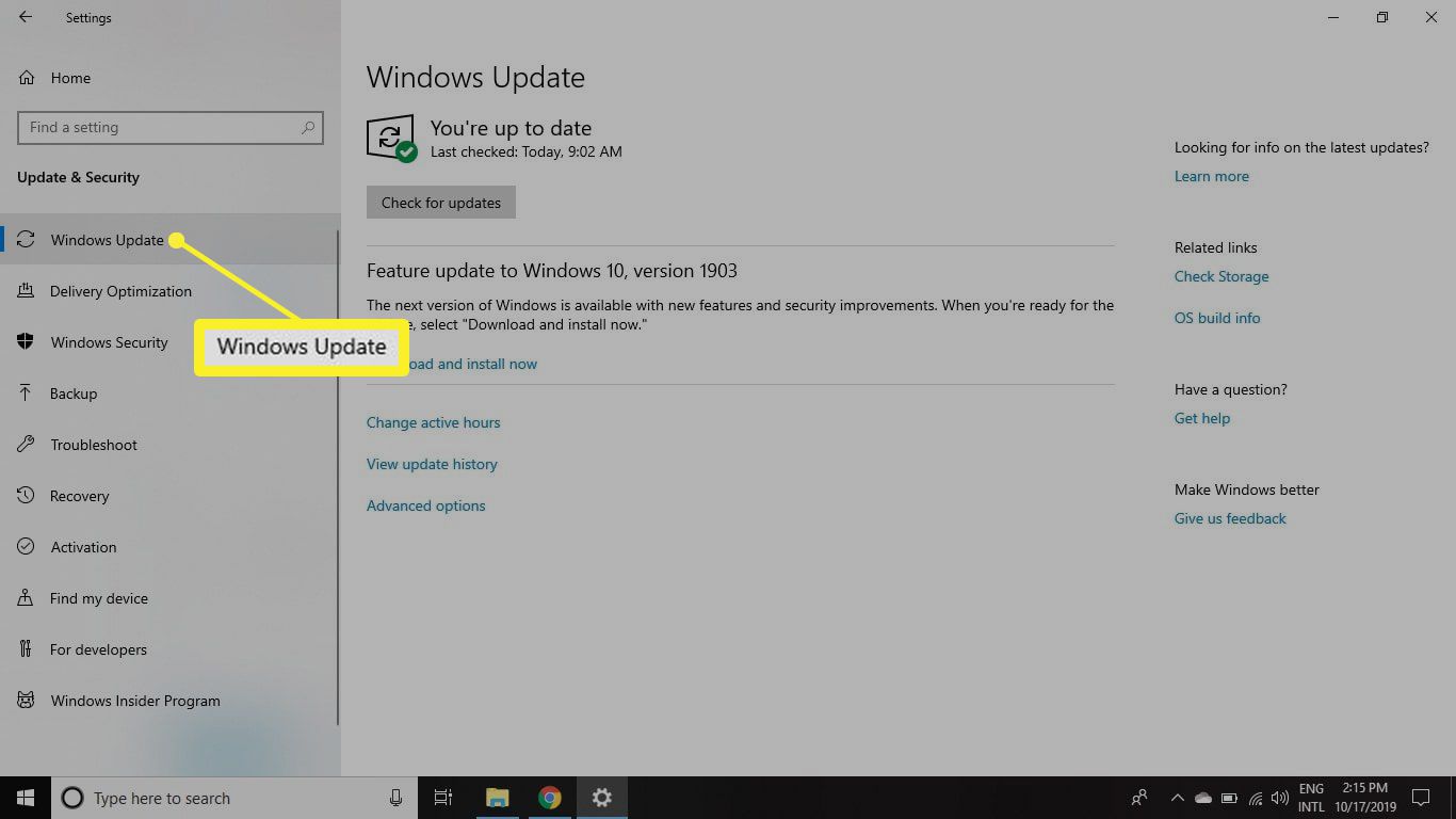 V levém podokně je vybrána možnost WIndows Update