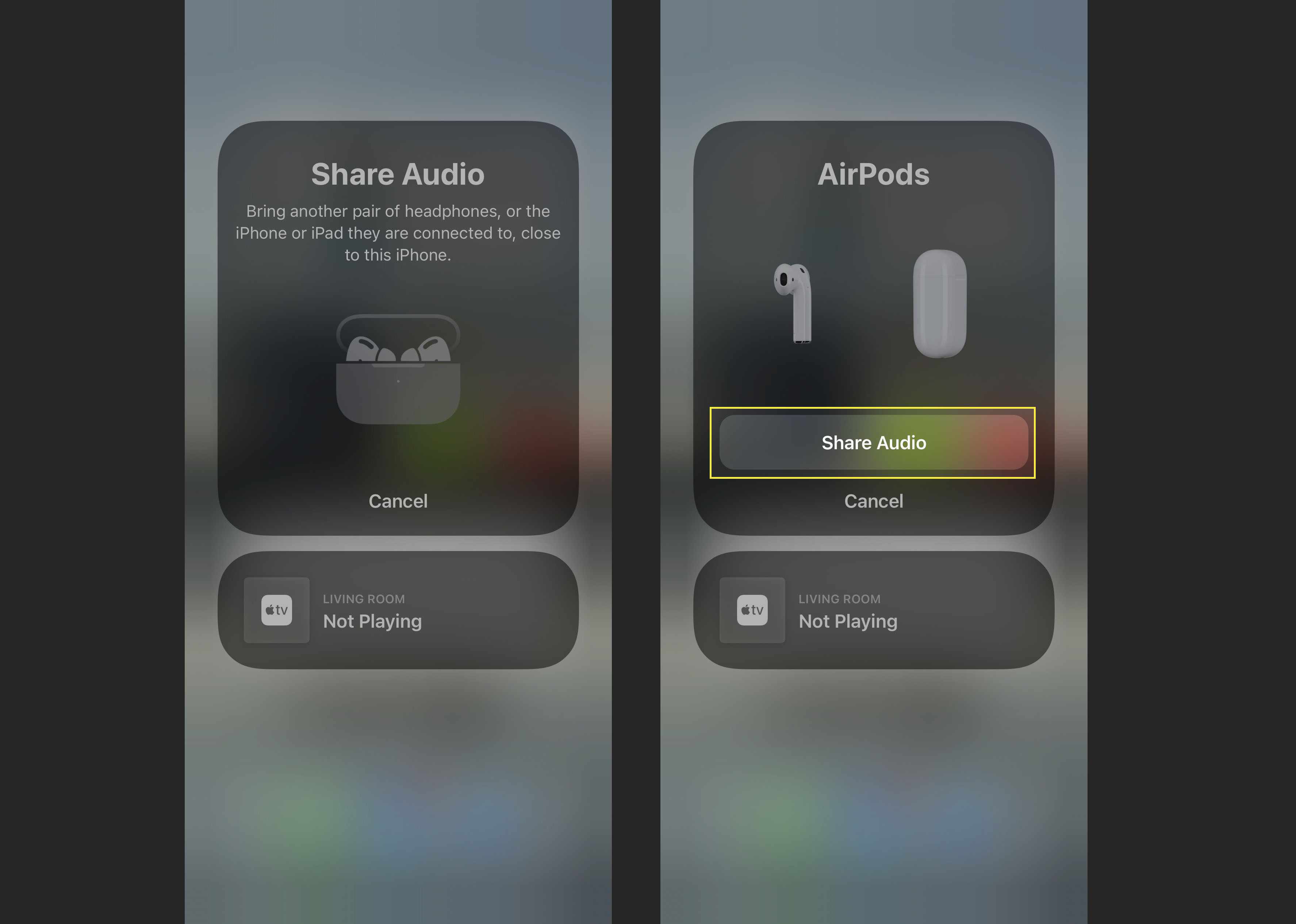 Tlačítko Sdílet zvuk pro připojení dvou sad AirPodů k jednomu iPhonu.