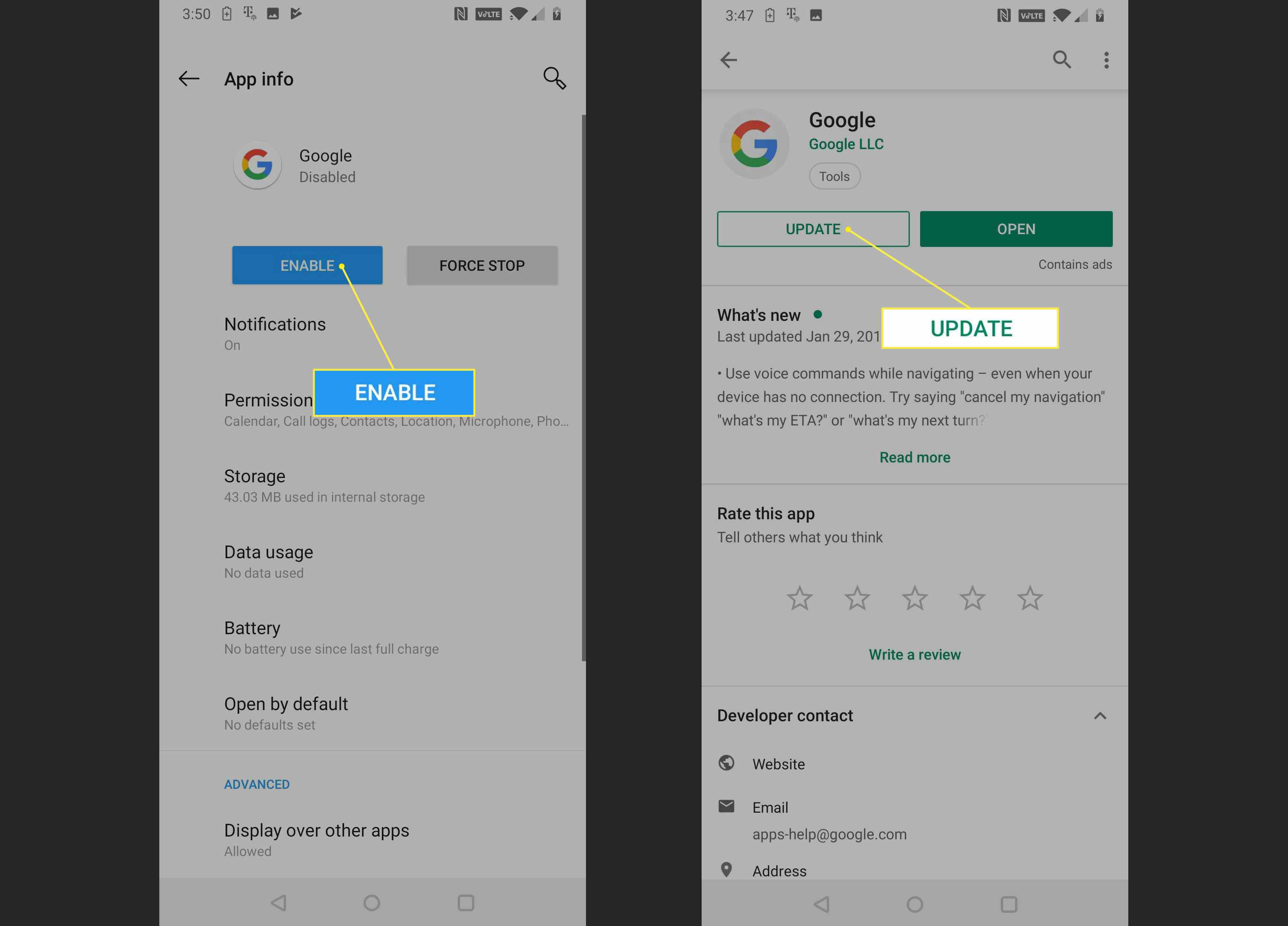 Obrazovka s informacemi o aplikaci Google zobrazující tlačítka Povolit a Aktualizovat