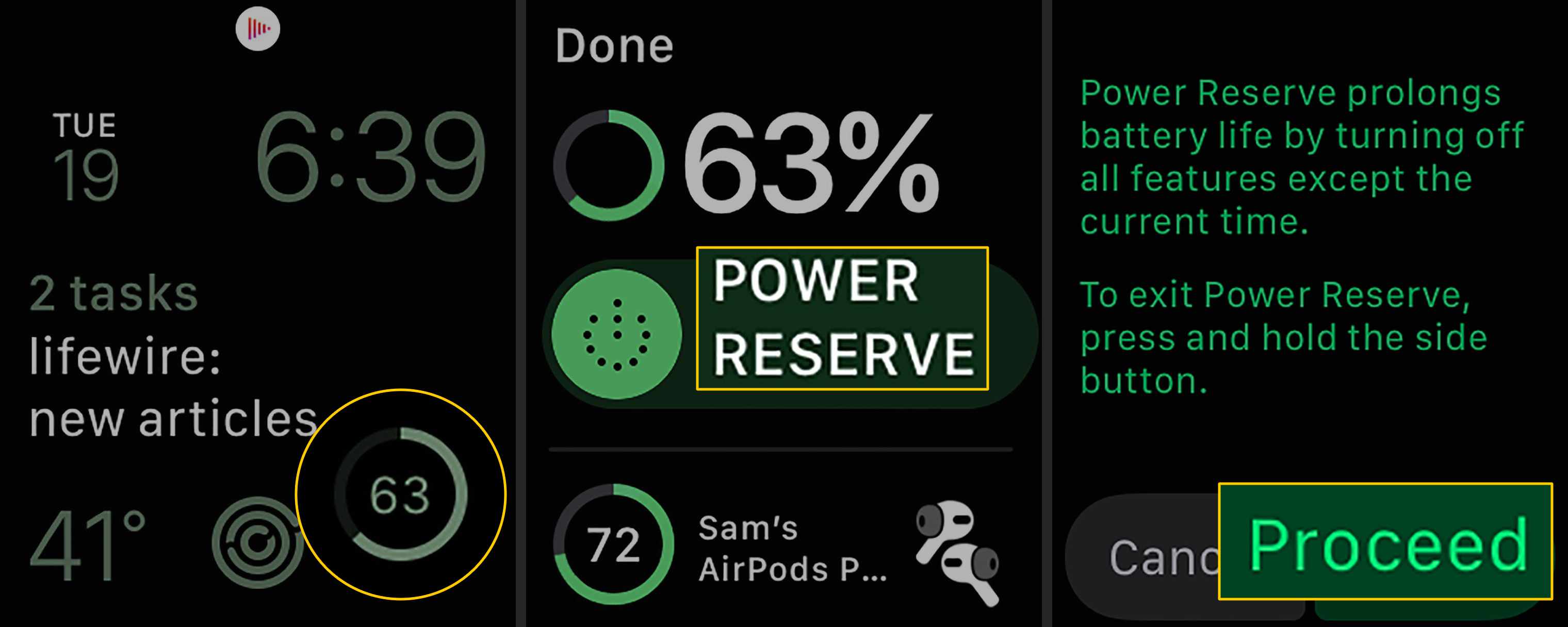 Indikátor baterie, tlačítko Power Reserve, tlačítko Pokračovat na Apple Watch