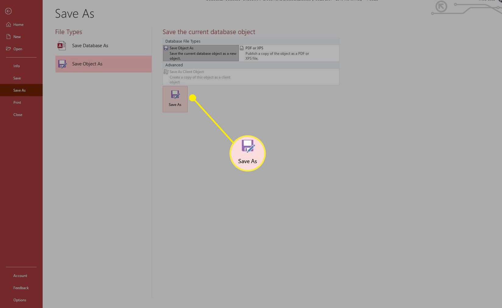Snímek obrazovky s tlačítkem Uložit jako na obrazovce Uložit objekt jako v Accessu