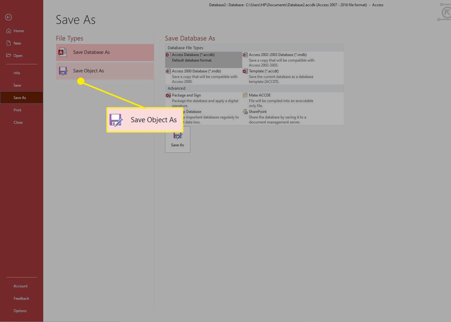 Snímek obrazovky Uložit objekt jako na kartě Soubor v Accessu