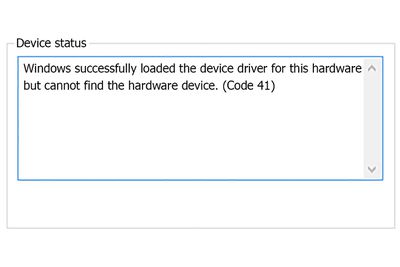 Snímek obrazovky s chybou Code 41, která čte, že systém Windows úspěšně nahrál ovladač zařízení pro tento hardware, ale nemůže najít hardwarové zařízení
