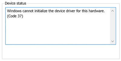 Snímek obrazovky s chybou kódu správce zařízení 37, která zní „Systém Windows nemůže inicializovat ovladač zařízení pro tento hardware“.