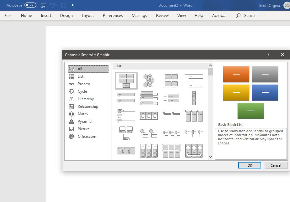 snímek obrazovky grafického rozhraní SmartArt ve Wordu pro Windows