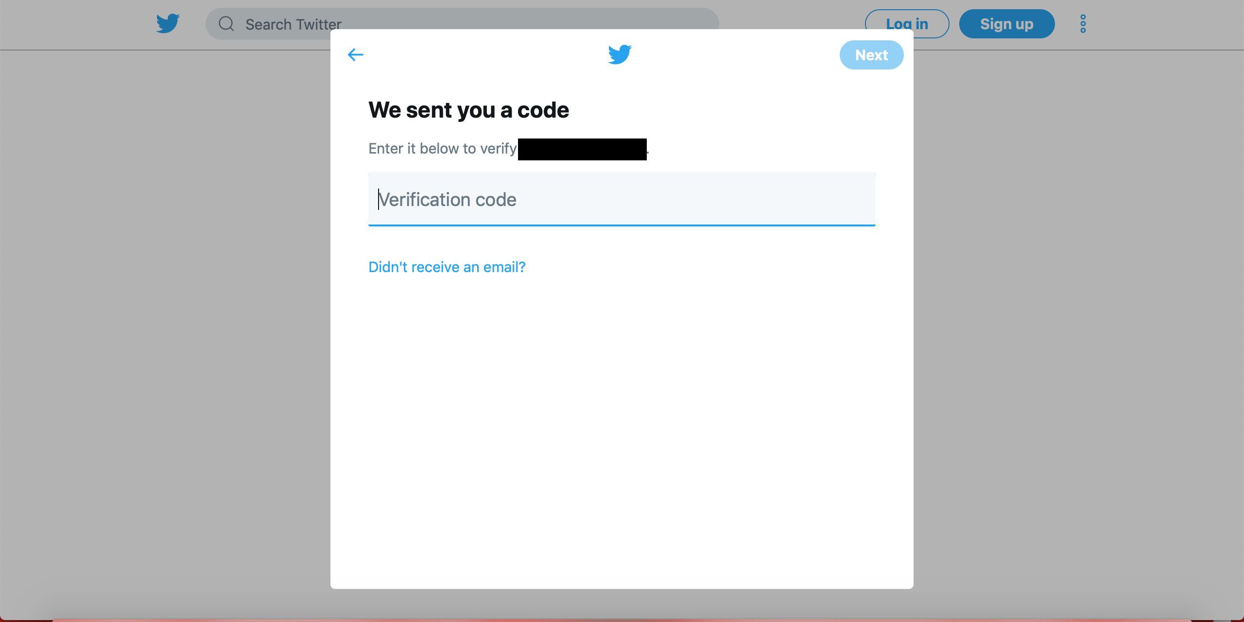 Obrazovka ověřovacího kódu Twitteru