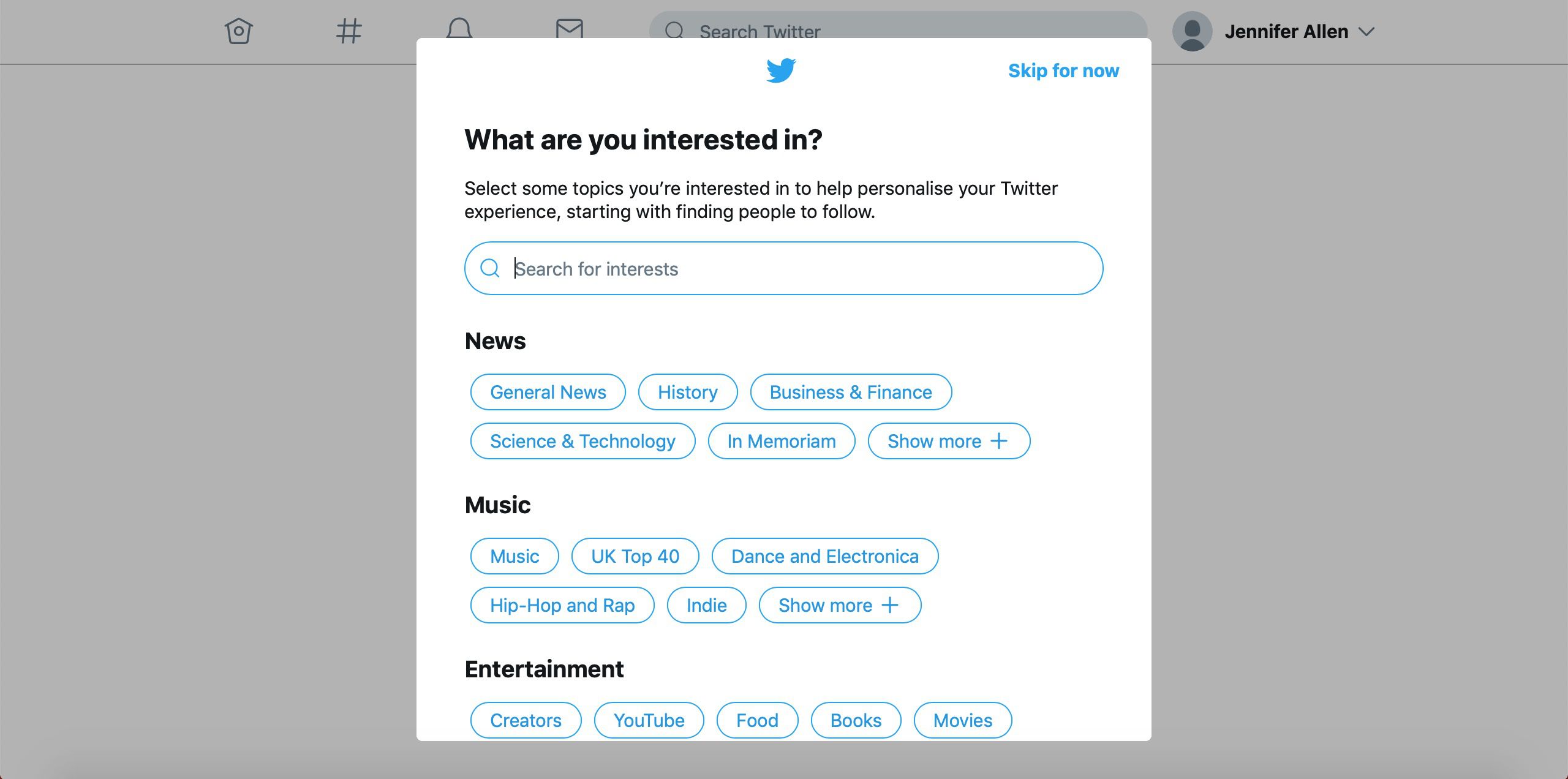 Twitter „co vás zajímá?“  nastavit stránku