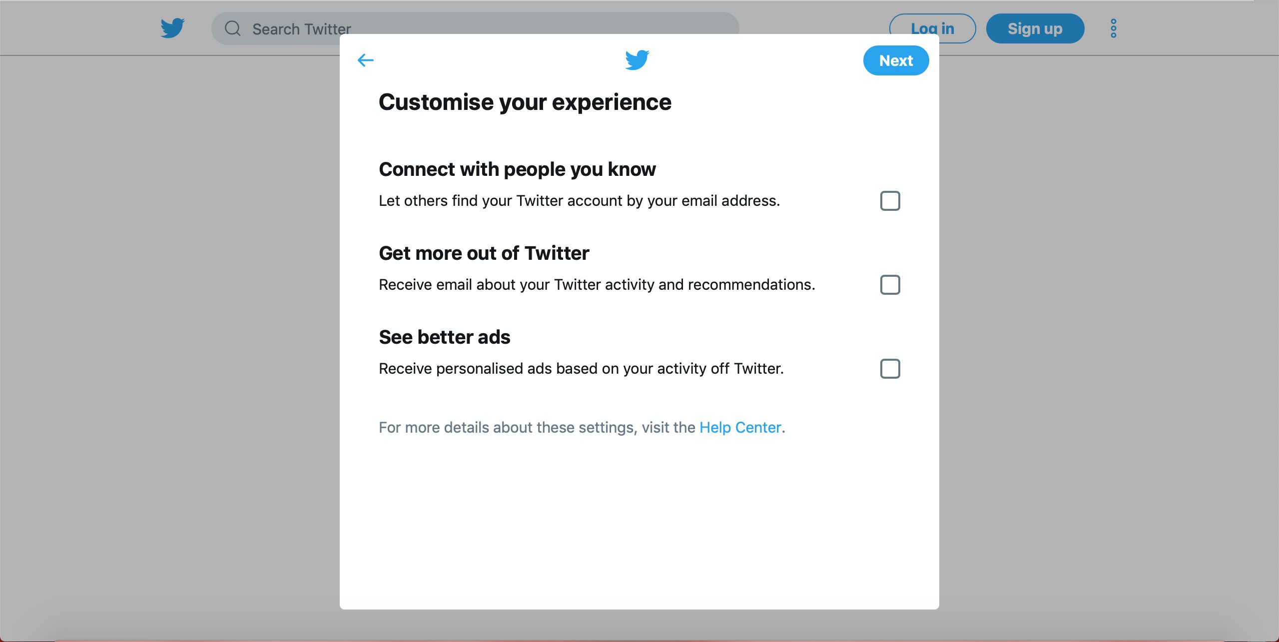 Twitter Přizpůsobte si obrazovku zkušeností