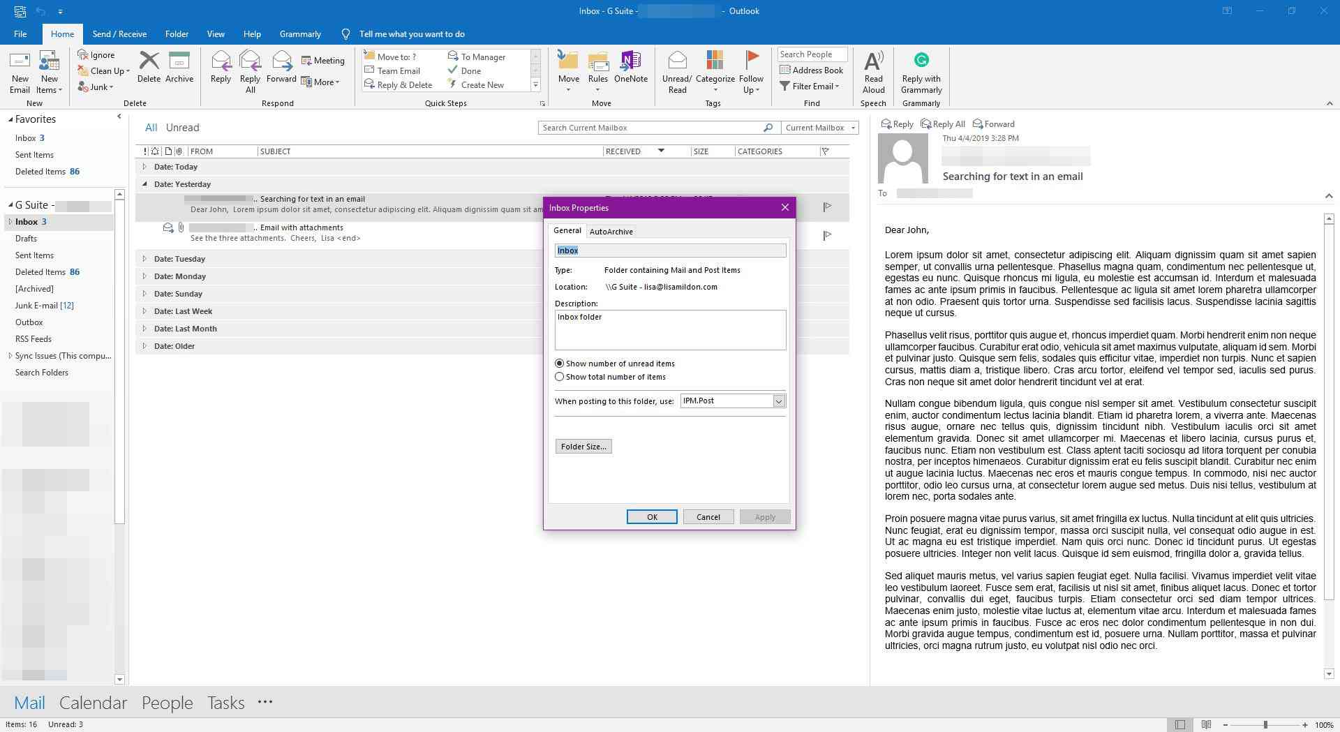 Zobrazení karty Obecné ve vlastnostech doručené pošty v aplikaci Outlook.
