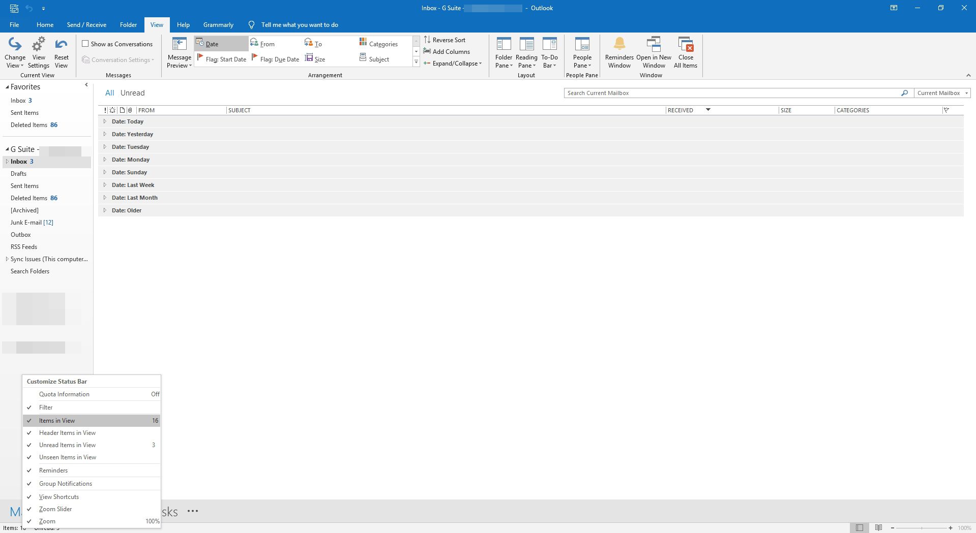 Výběrem zobrazení všech počtů e -mailů ve stavovém řádku v aplikaci Outlook.
