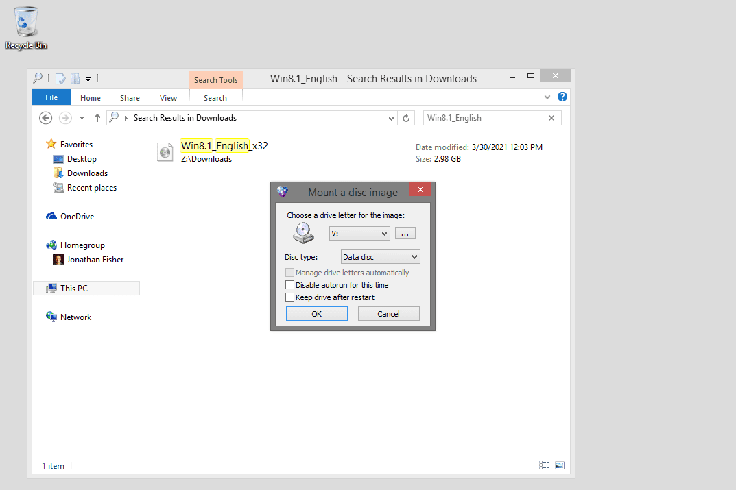 Připojit možnost obrazu disku pro Windows 8.1