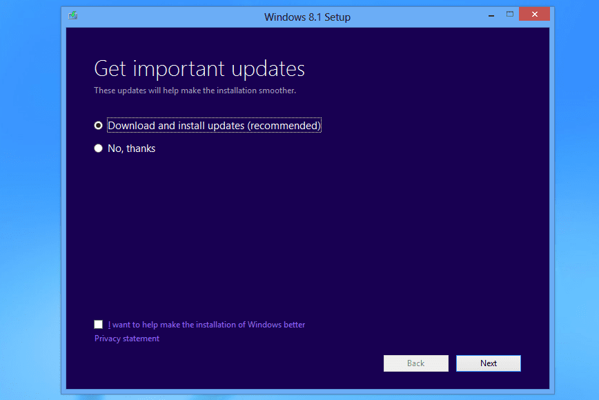 Obrazovka Získat důležité aktualizace v nastavení Windows 8.1 