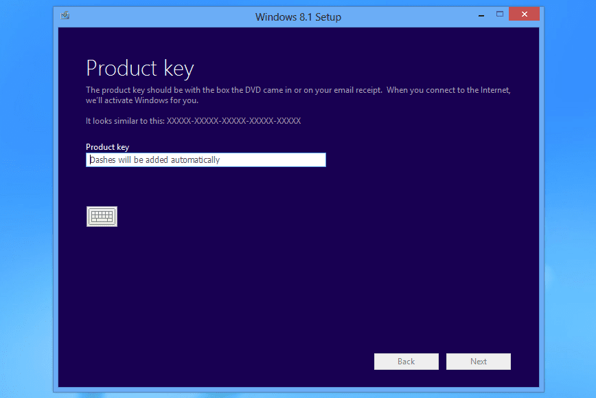 Textové pole produktového klíče v nastavení Windows 8.1 
