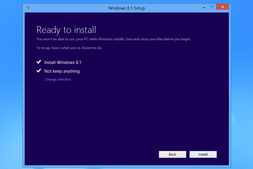 Stránka kontroly připravena k instalaci v nastavení Windows 8.1