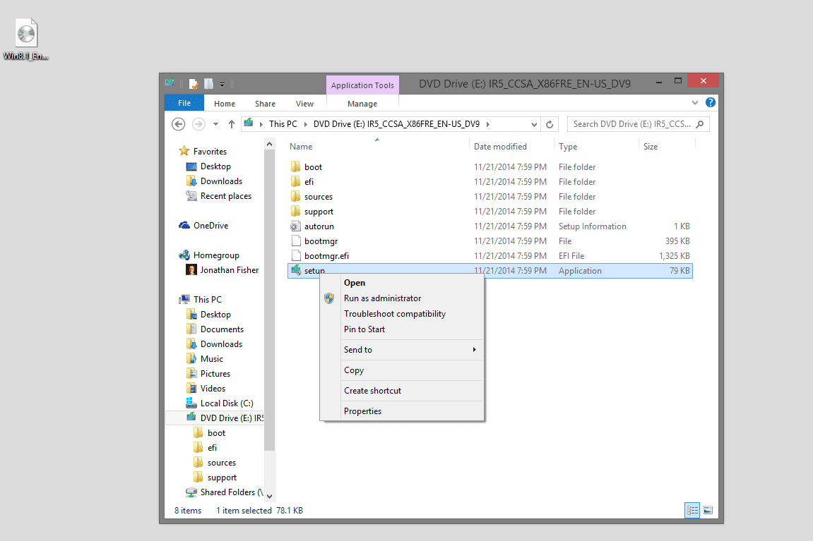 instalační soubor klepněte pravým tlačítkem na nabídku z disku Windows 8.1