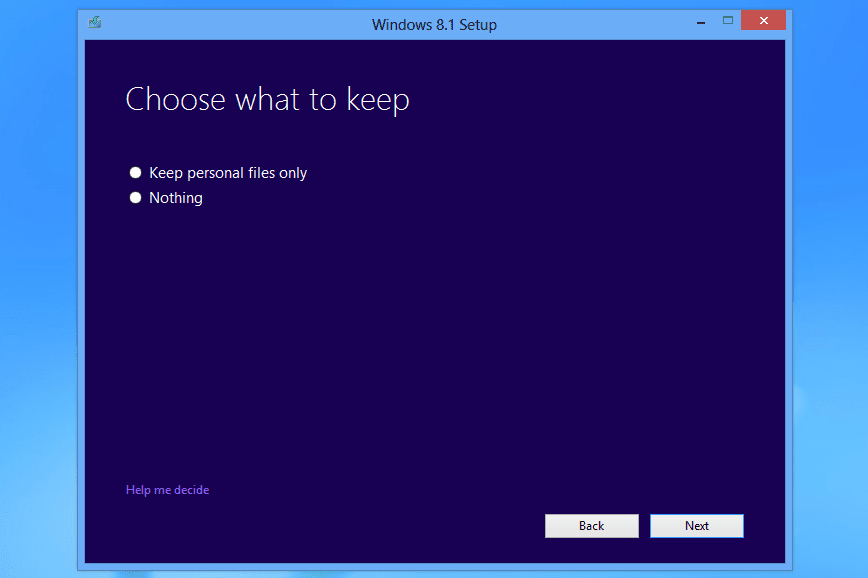 V nastavení systému Windows 8.1 tlačítko Zachovat pouze osobní soubory