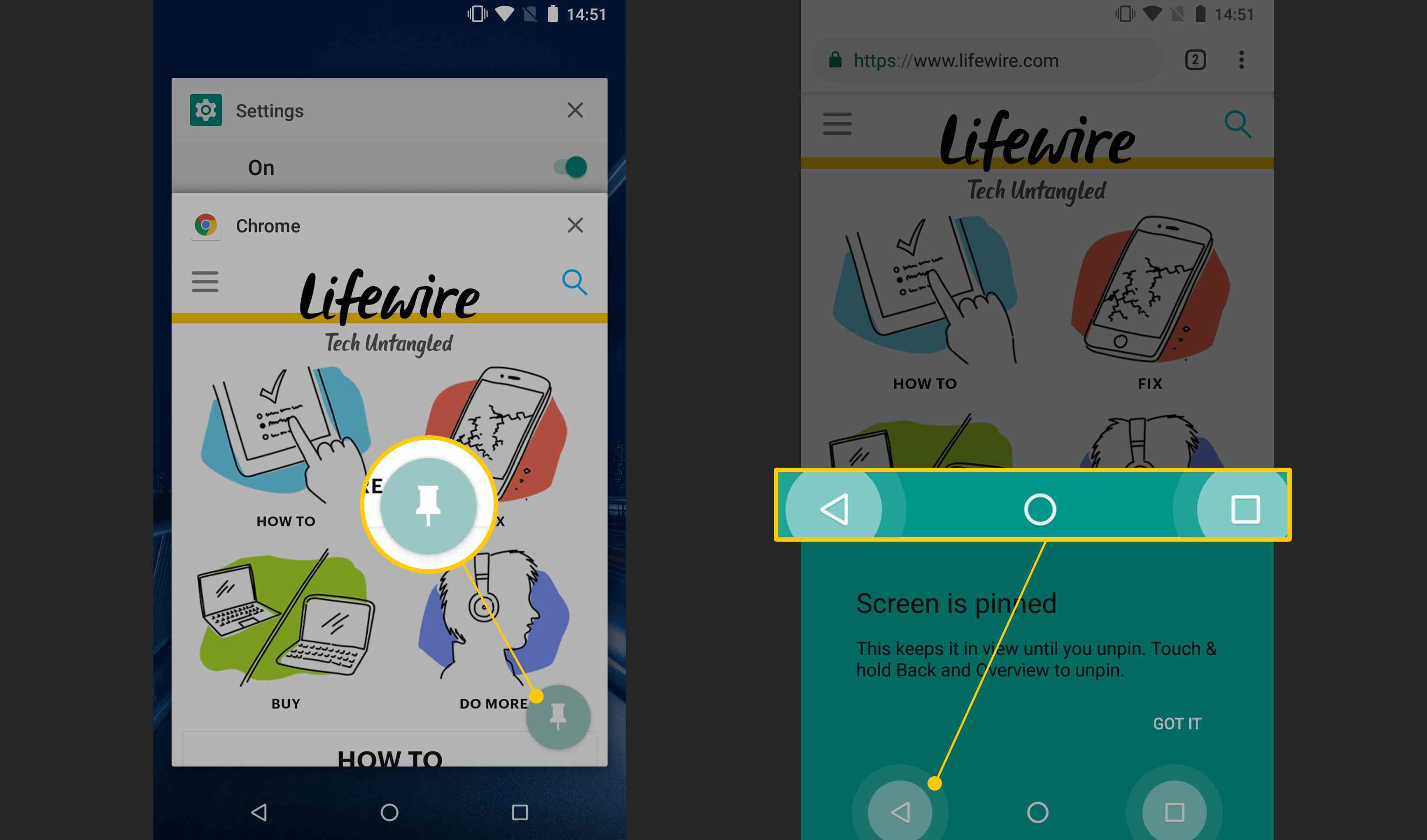 Ikona připínáčku, tlačítka Zpět a Přehled v systému Android