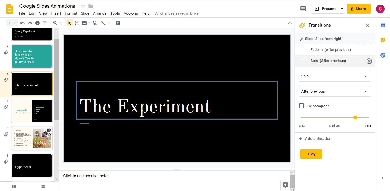 Snímek obrazovky ukazující, jak odstranit animaci Prezentací Google