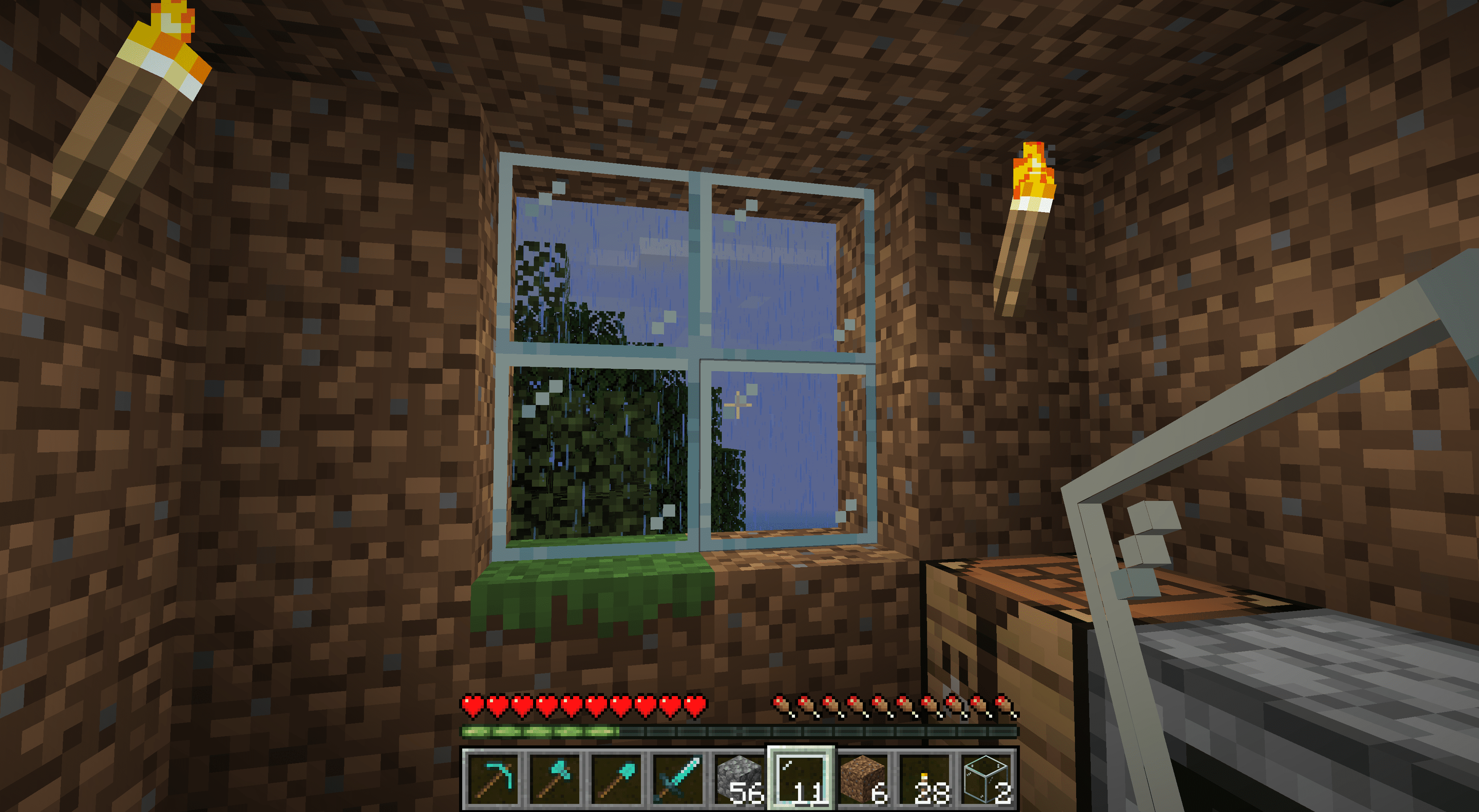 Umístění oken v prašném domě Minecraftu.