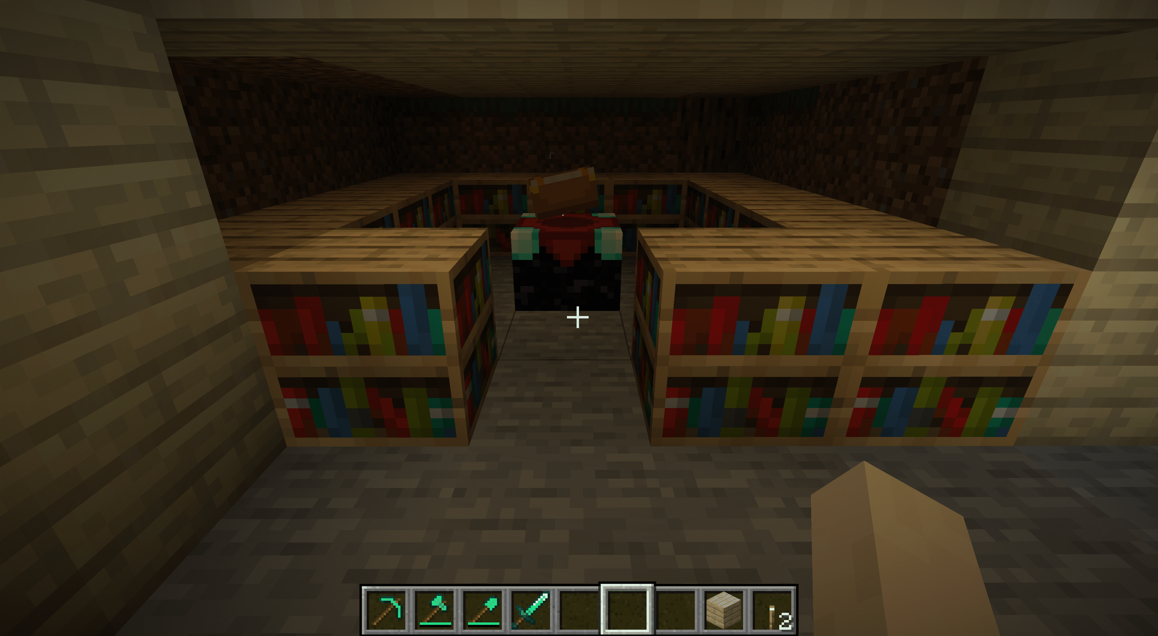 Knihovna s kouzelným stolem v Minecraftu.