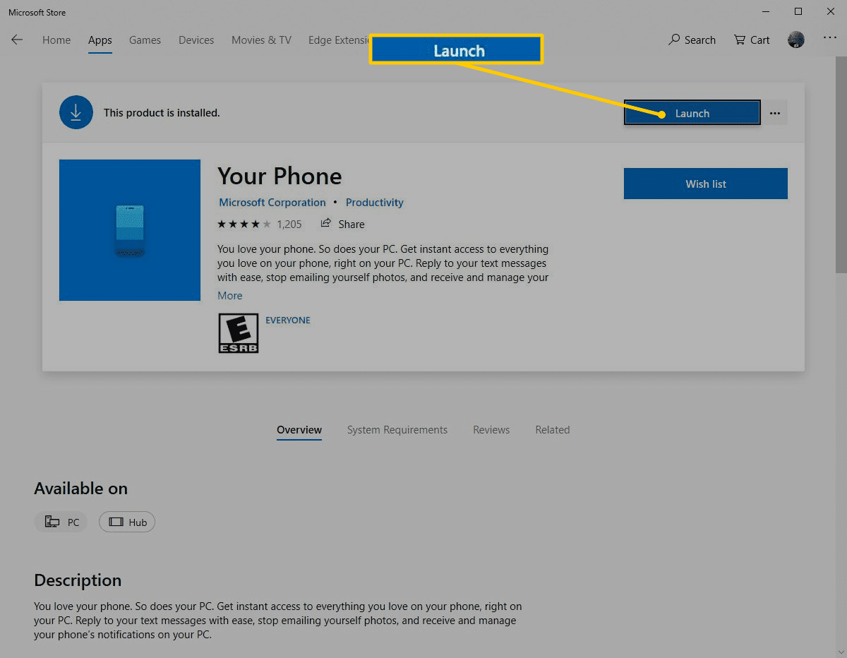 Tlačítko spuštění v aplikaci Microsoft Store pro váš telefon