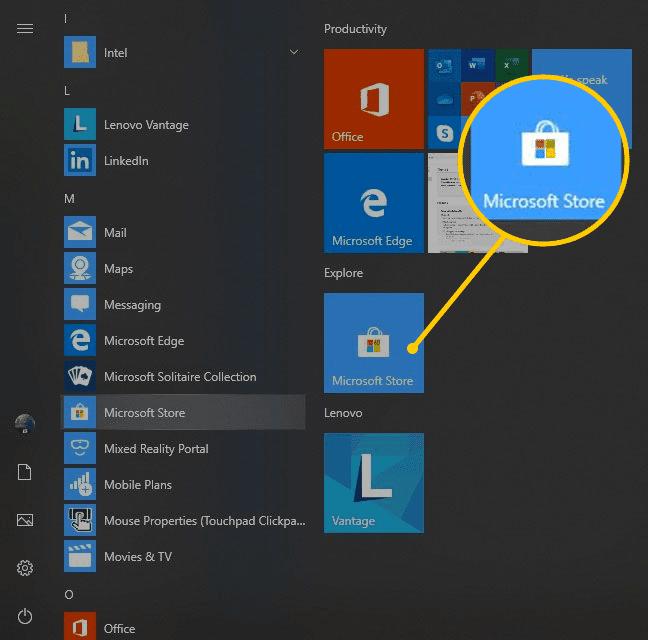 Tlačítko Microsoft Store v nabídce Start