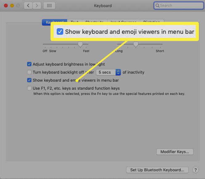 Zobrazte v MacOS na liště nabídek Předvolby systému zobrazení klávesnice a emodži.