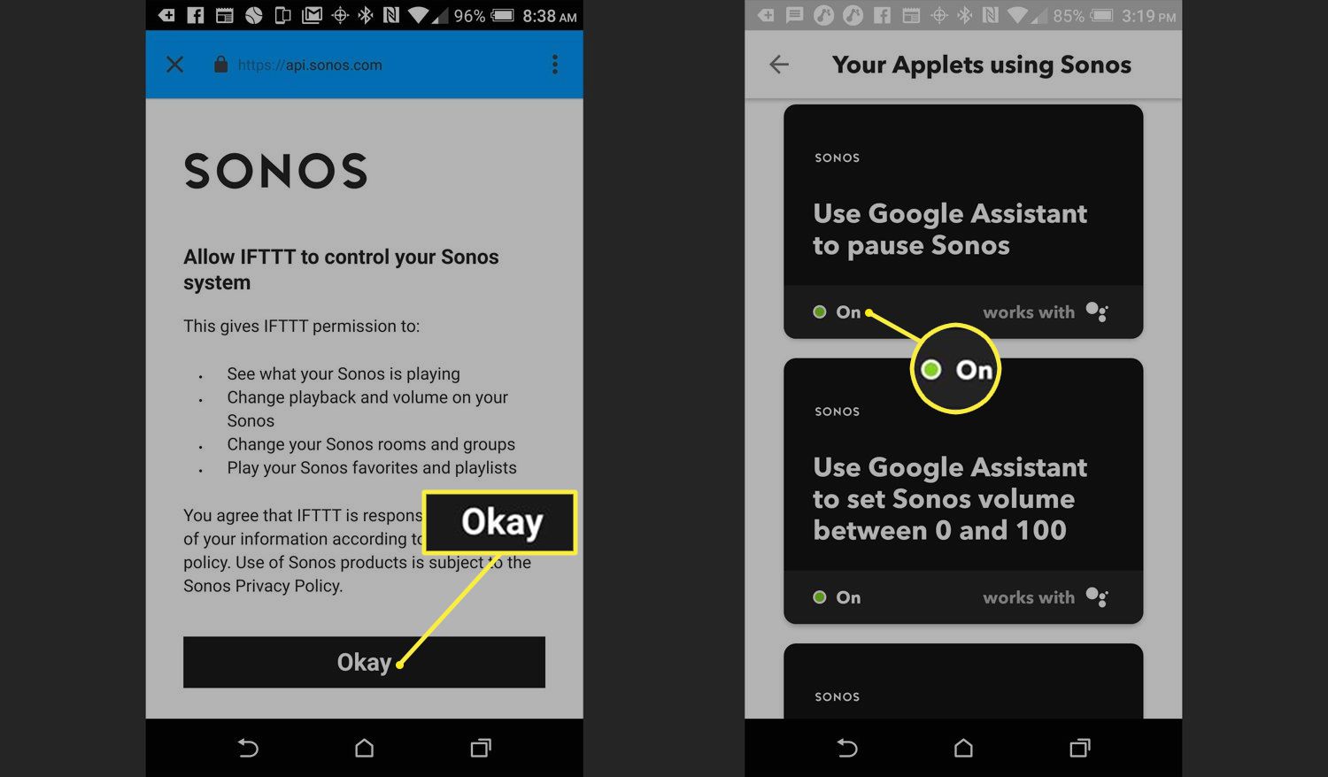 IFTTT s obrazovkami Sonos a Google Assistant