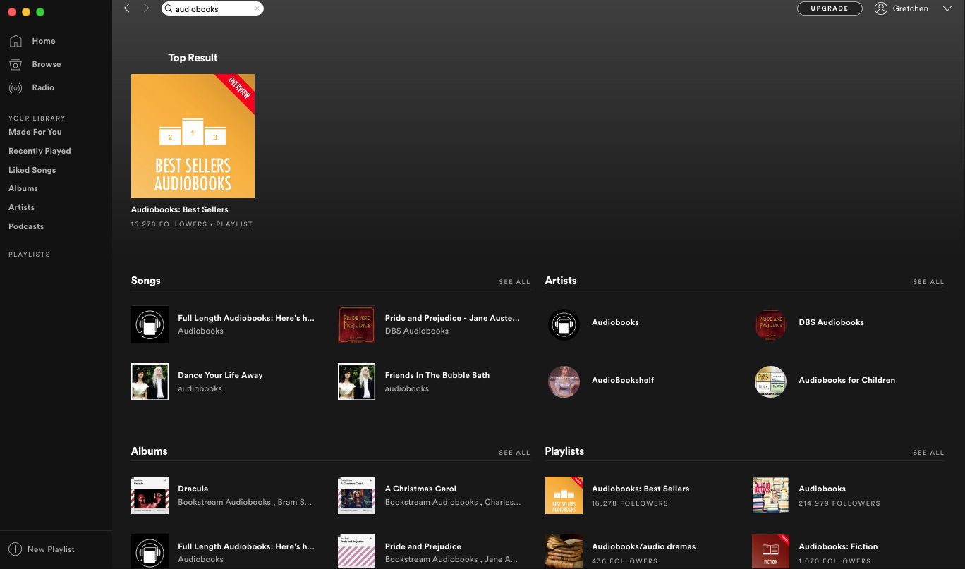 Vyhledávání „audioknihy“ ve službě Spotify