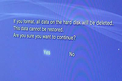 Vyberte Ano a naformátujte nový pevný disk PS3.