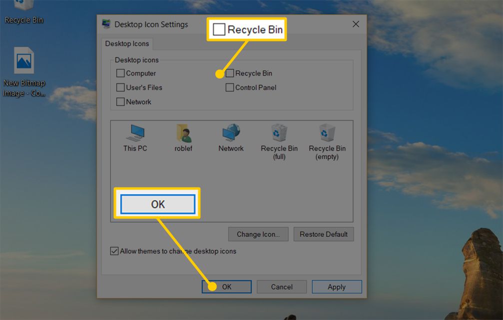 Snímek obrazovky s oknem Nastavení ikon na ploše v systému Windows 10 se zaškrtávacím políčkem Koš a tlačítkem OK