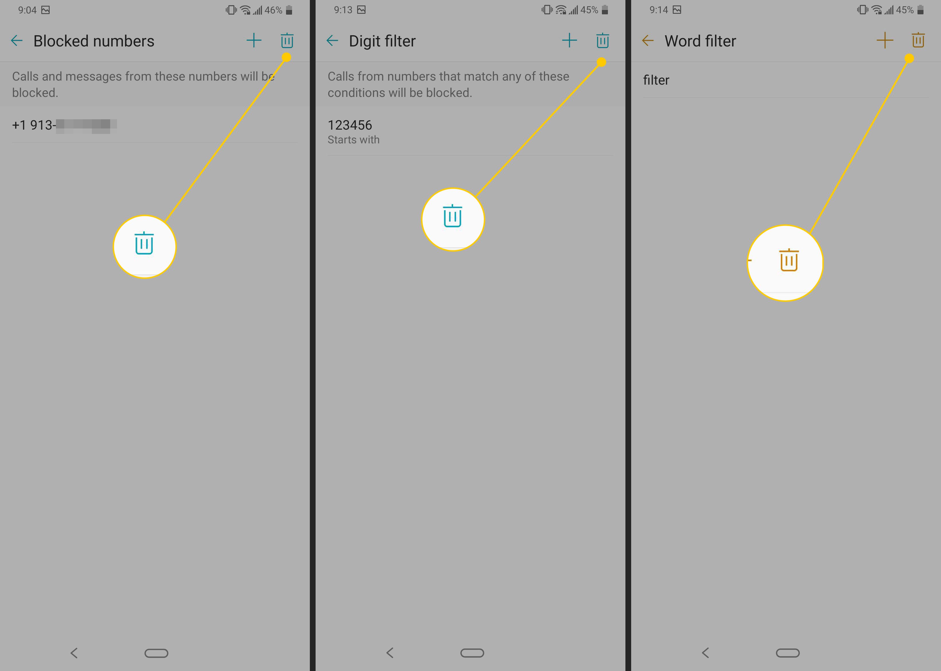 Ikony koše lze v telefonu LG zablokovat v blokovaných číslech, číslicovém filtru a filtru Word