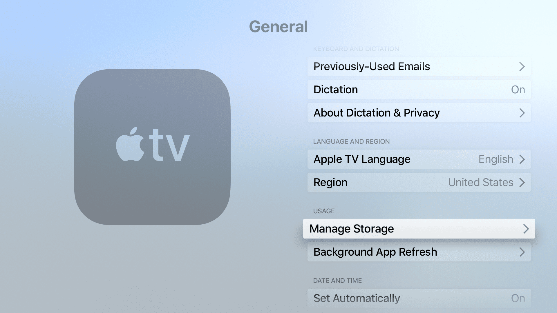 Spravujte úložiště v aplikaci Nastavení Apple TV