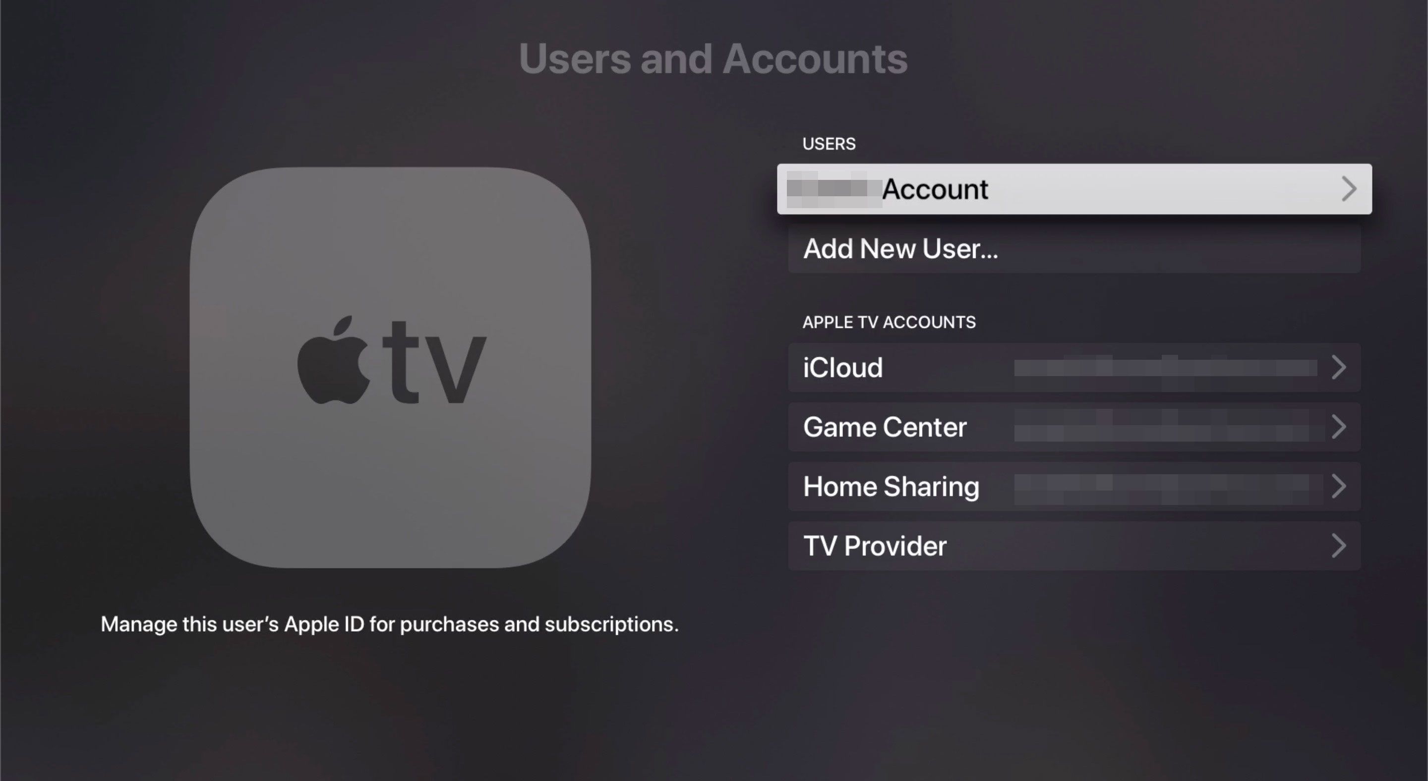 Uživatelé a účty v nastavení Apple TV.