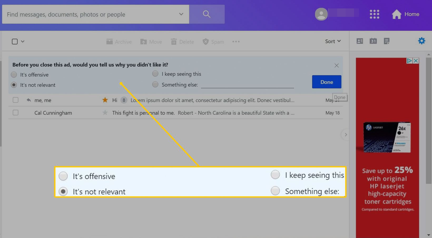Čtyři možnosti, proč se vám nelíbí konkrétní reklama na Yahoo Mail pro web