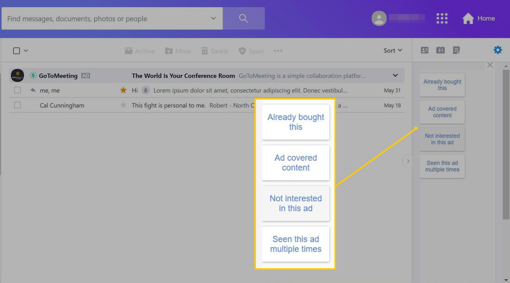 Možnosti nevidění reklamy na Yahoo Mail