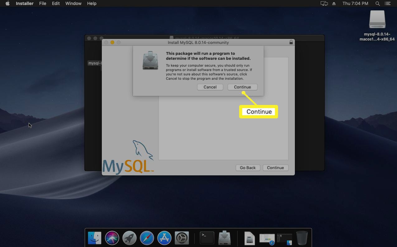 Instalační program zkontroluje, zda Mac může spustit MySQL
