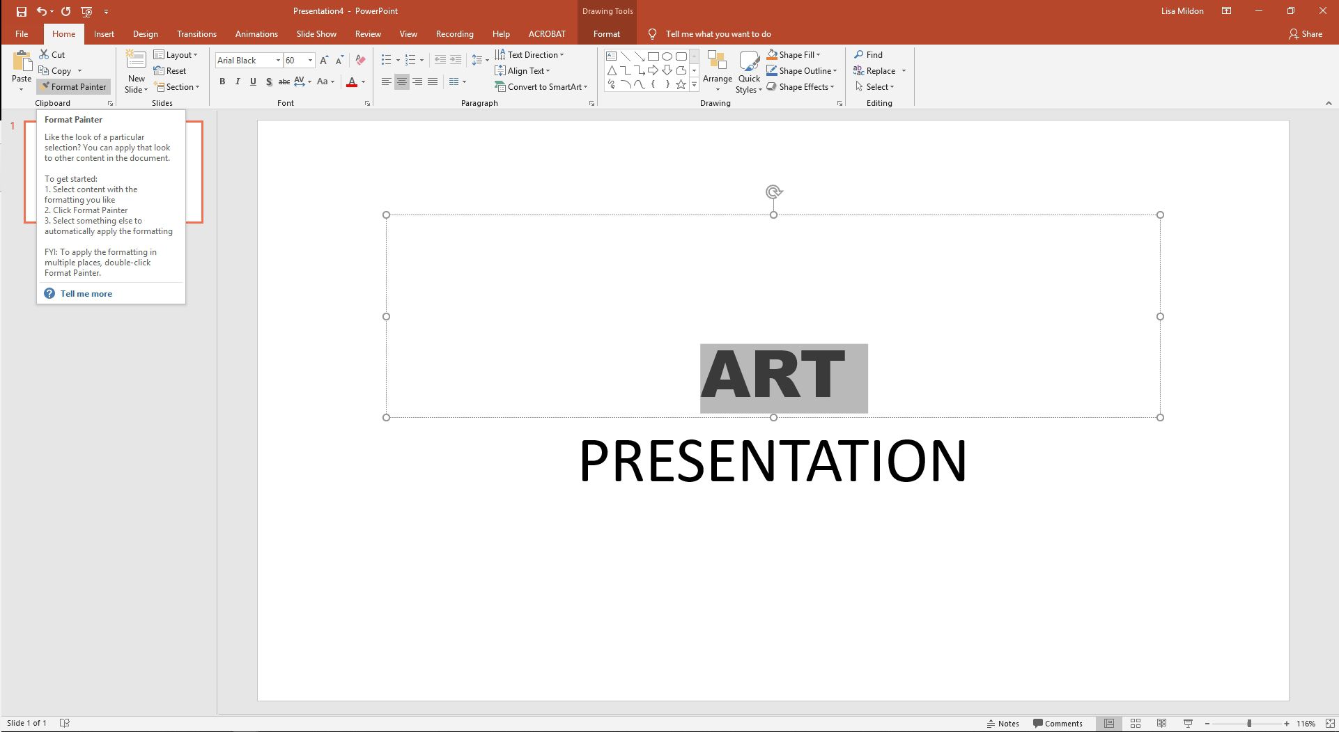 PowerPoint zobrazující dialogové okno Format Painter.